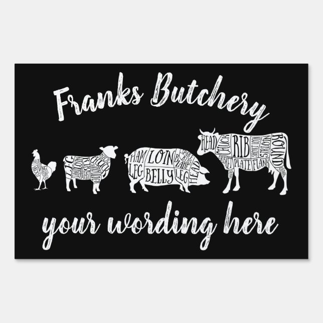 cow pig chicken butcher meat cuts art small holder sign (Front)