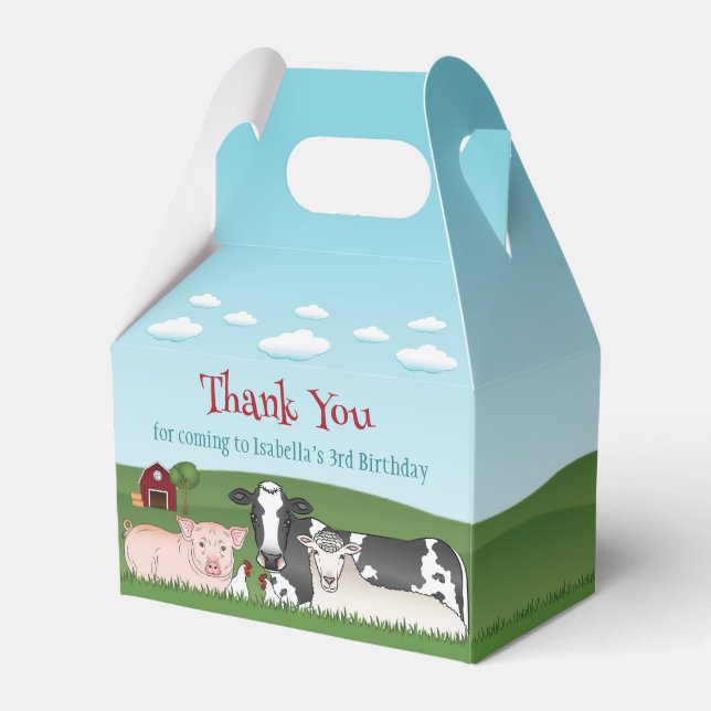 Cow Pig Sheep Chickens Farm Birthday Thank You Favor Boxes (Front Side)