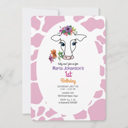 Cow Pink 1st Birthday  Invitation