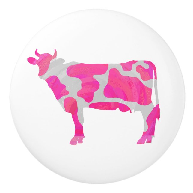 Cow Pink and White Silhouette Ceramic Knob (Front)