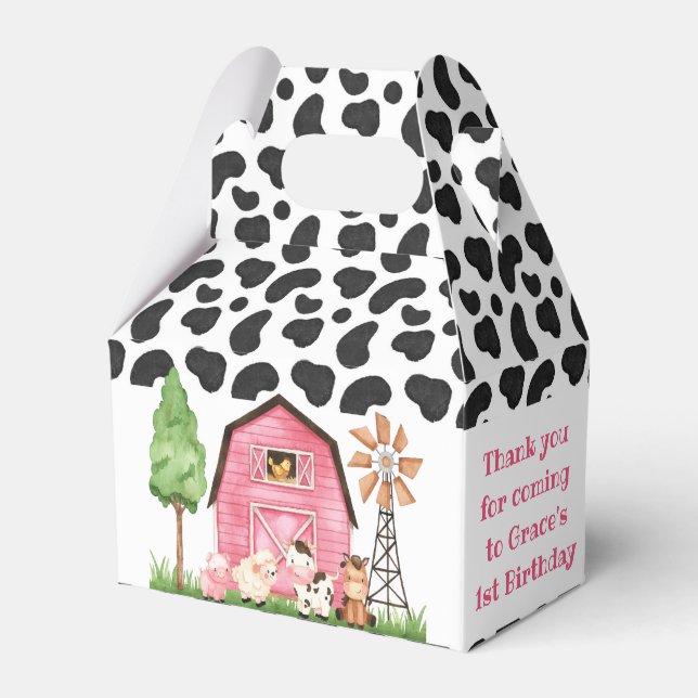 Cow Pink Farm Barnyard Birthday Party Favor Box (Front Side)