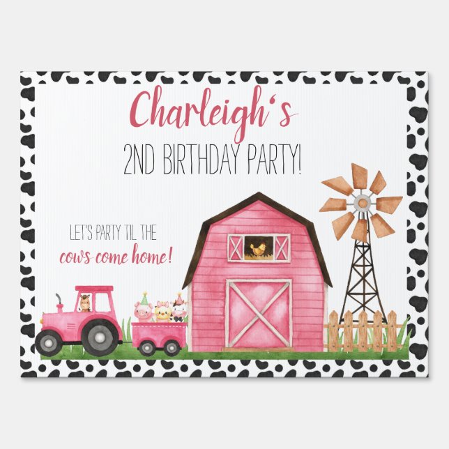 Cow/ Pink Farm Birthday Banner Sign (Front)