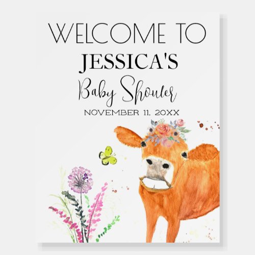 Cow Pink Farm Watercolor Baby Shower Welcome Sign