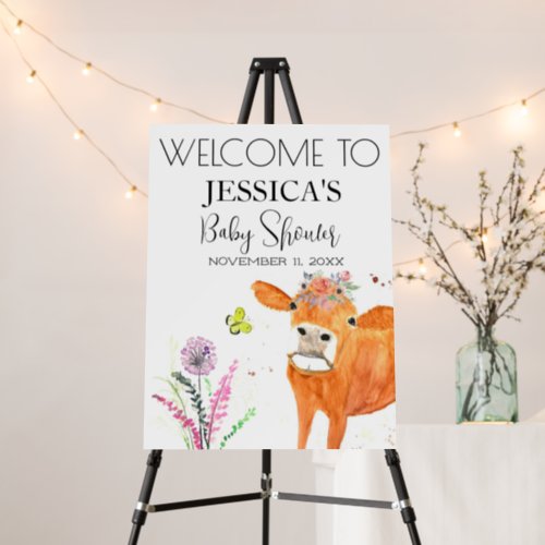 Cow Pink Farm Watercolor Baby Shower Welcome Sign