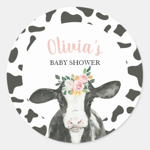 Cow Pink Floral and Gingham Baby Shower Classic Round Sticker