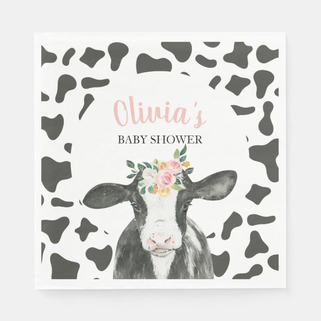 Cow Pink Floral and Gingham Baby Shower Napkins (Front)