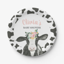 Cow Pink Floral and Gingham Baby Shower Paper Plates