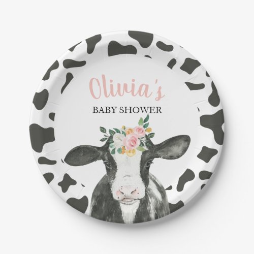 Cow Pink Floral and Gingham Baby Shower Paper Plates