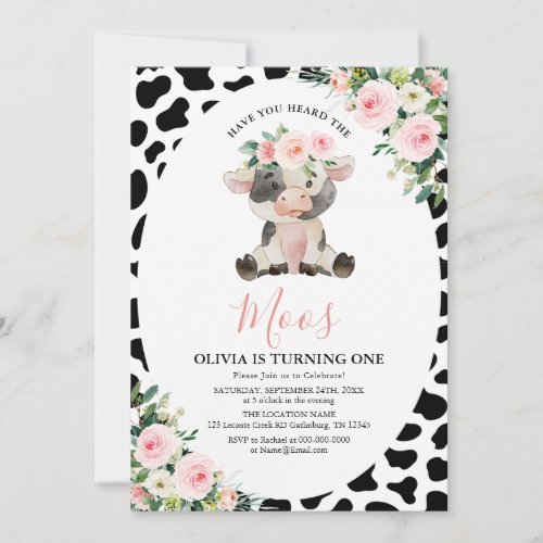Cow Pink Floral Have You Heard Moos Birthday Invitation