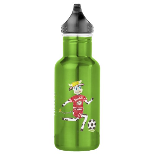 Cow playing soccer apple green water bottle