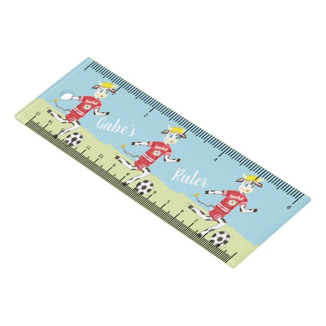 Cow playing soccer personalized kid ruler (Angled)
