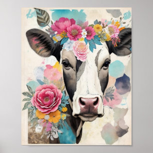 Cow Portrait Floral Mixed Media Collage Poster