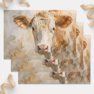 Cow Portrait Watercolor Painting Decoupage Wrapping Paper Sheets