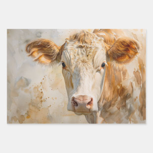 Cow Portrait Watercolor Painting Decoupage Wrapping Paper Sheets