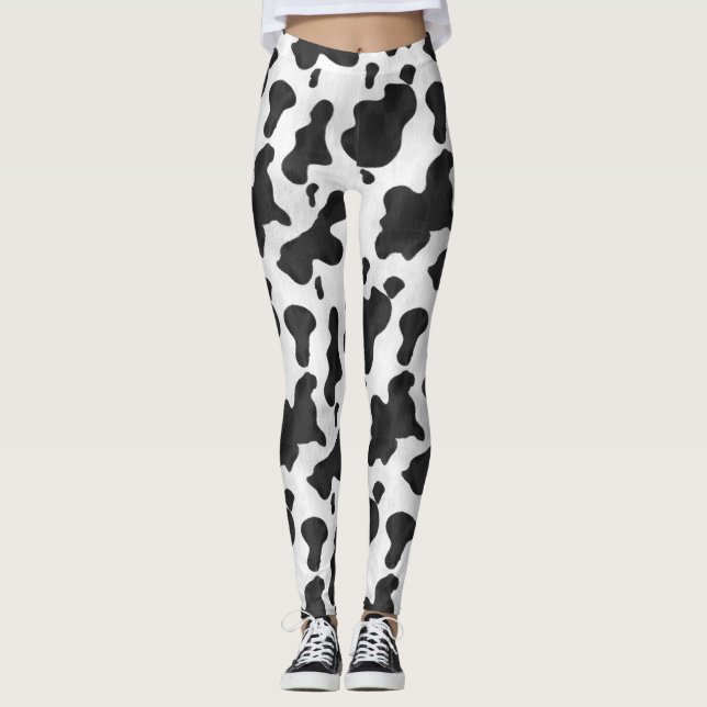 Cow Print Animal Spots Pattern Black White Western Leggings (Front)