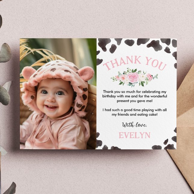 Cow Print Birthday Photo Thank You Card (Creator Uploaded)