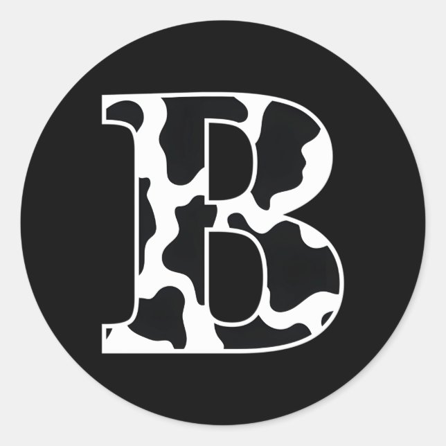 Cow Print Black And White Initial Letter B Classic Round Sticker (Front)