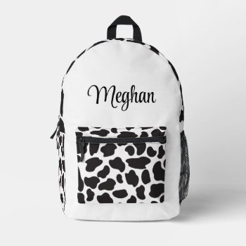 Cow Print Black And White Spots With Name Printed Backpack by happygotimes at Zazzle