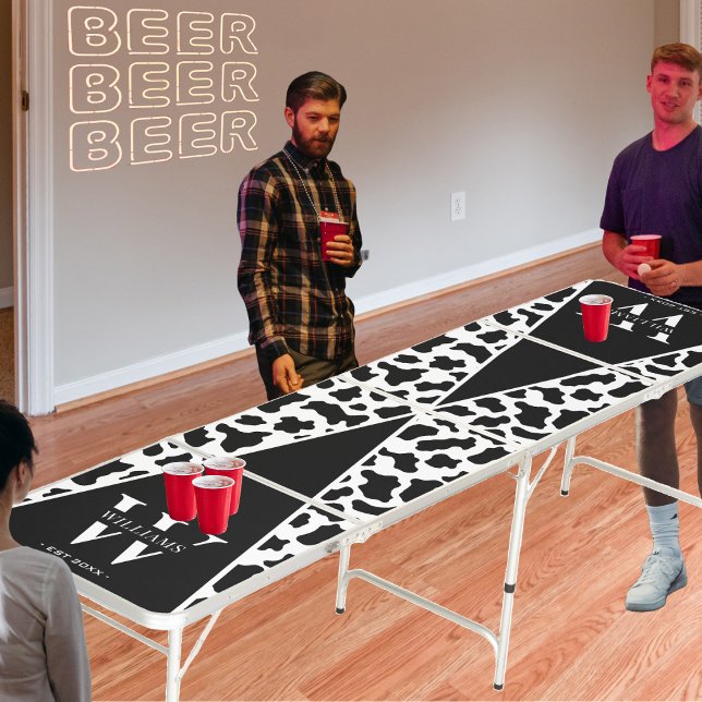 Cow Print Black & White Monogram Family Beer Pong Table (Cow Print Black & White Monogram Family Beer Pong Table)
