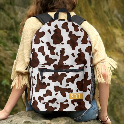 Cow Print Brown Western Animal Spots Monogrammed Printed Backpack