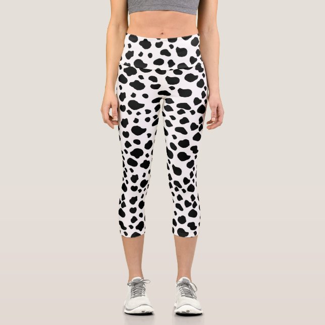Cow Print, Cow Pattern, Cow Spots, Black And White Capri Leggings (Front)