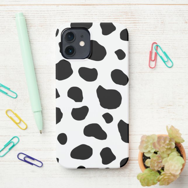 Cow Print, Cow Pattern, Cow Spots, Black And White iPhone Case (On Desk)
