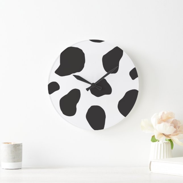 Cow Print, Cow Pattern, Cow Spots, Black And White Large Clock (Home)