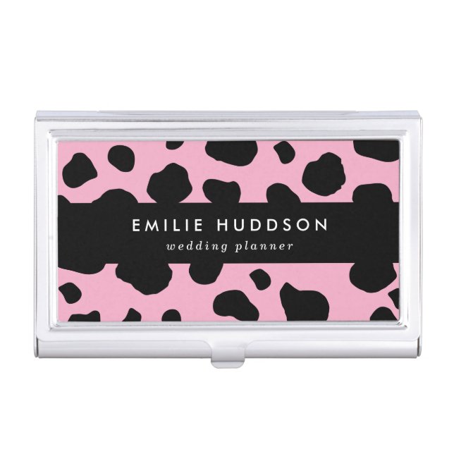 Cow Print, Cow Pattern, Cow Spots, Pink Cow Business Card Case (Front)