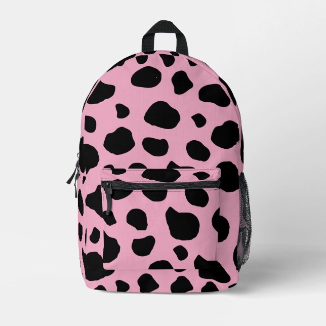 Cow Print, Cow Pattern, Cow Spots, Pink Cow Printed Backpack (Front)