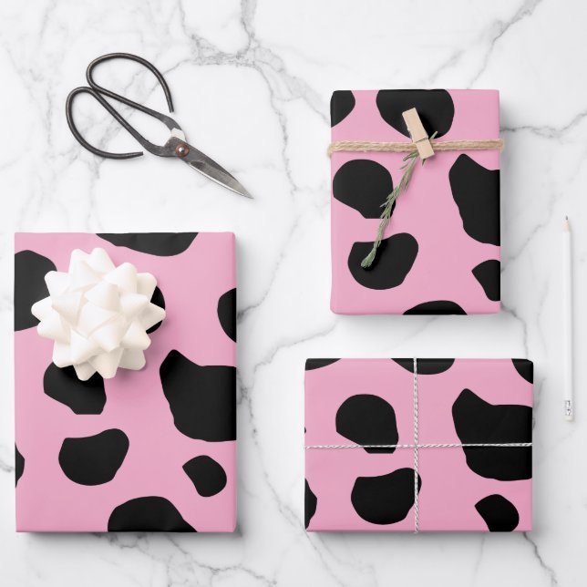Cow Print, Cow Pattern, Cow Spots, Pink Cow Wrapping Paper Sheets (Front)