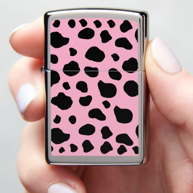 Cow Print, Cow Pattern, Cow Spots, Pink Cow Zippo Lighter (In Hand)