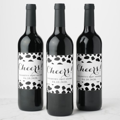 Cow Print Cow Spots Black And White Baby Shower Wine Label