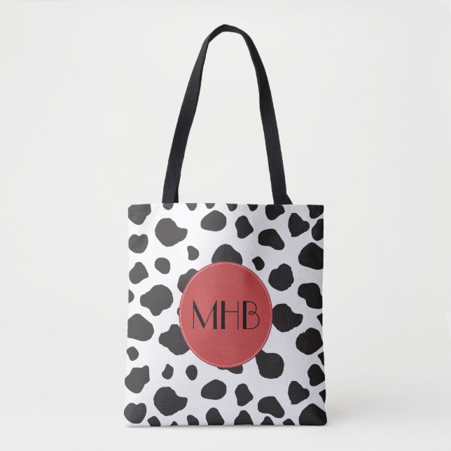 Cow Print, Cow Spots, Black And White, Monogram Tote Bag (Front)