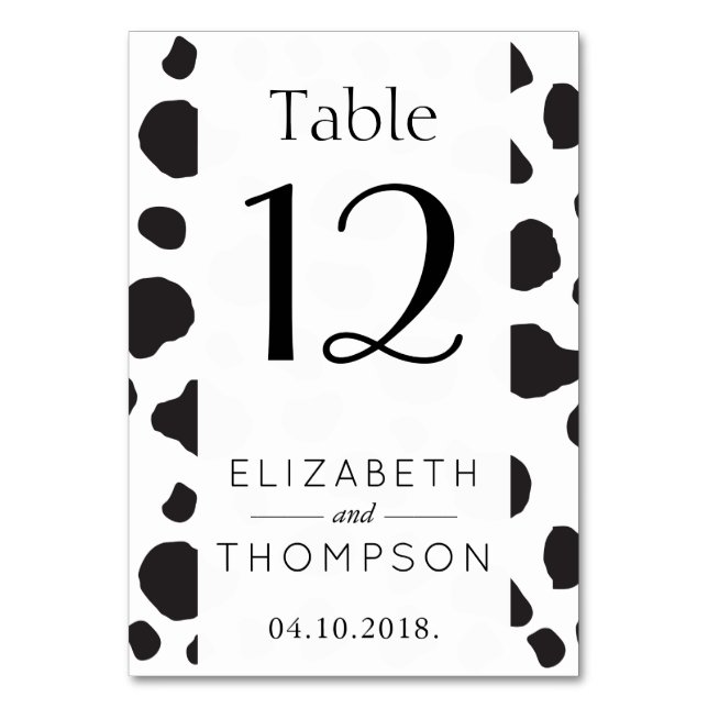 Cow Print, Cow Spots, Black And White, Wedding Table Number (Front)
