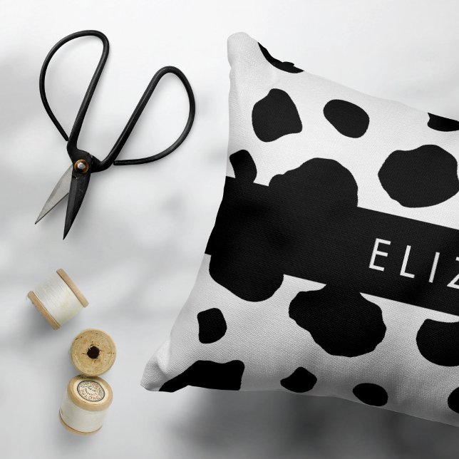 Cow Print, Cow Spots, Black And White, Your Name Accent Pillow (Creator Uploaded)