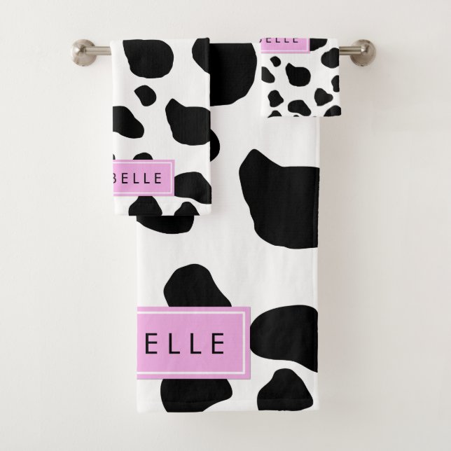 Cow Print, Cow Spots, Black And White, Your Name Bath Towel Set (Insitu)
