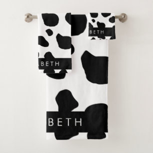 Cow Print, Cow Spots, Black And White, Your Name Bath Towel Set
