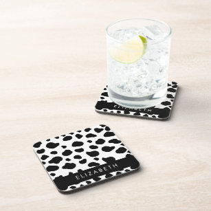 Cow Print, Cow Spots, Black And White, Your Name Beverage Coaster