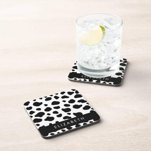 Cow Print Cow Spots Black And White Your Name Beverage Coaster