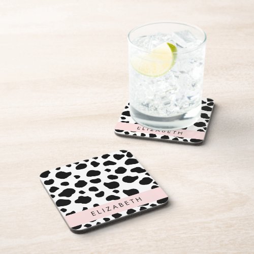 Cow Print Cow Spots Black And White Your Name Beverage Coaster