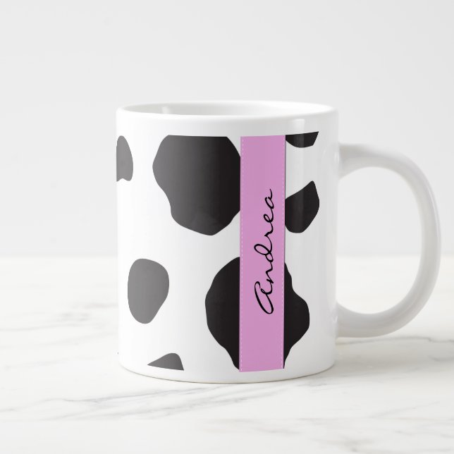 Cow Print, Cow Spots, Black And White, Your Name Giant Coffee Mug (Right)