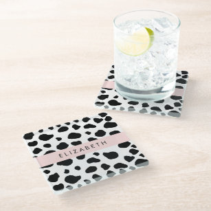 Cow Print, Cow Spots, Black And White, Your Name Glass Coaster