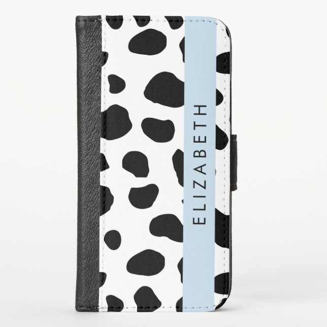 Cow Print, Cow Spots, Black And White, Your Name iPhone Wallet Case (Front)