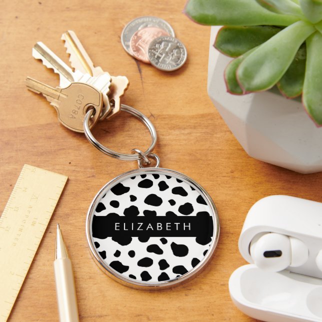 Cow Print, Cow Spots, Black And White, Your Name Keychain (Desk)
