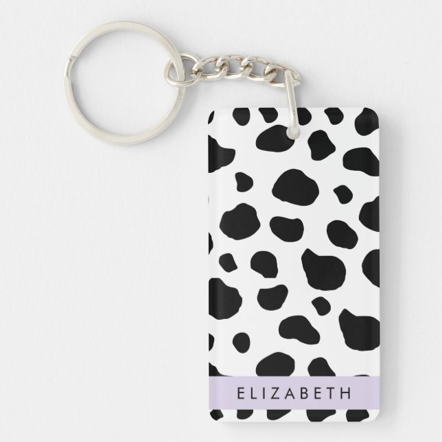 Cow Print, Cow Spots, Black And White, Your Name Keychain (Front)