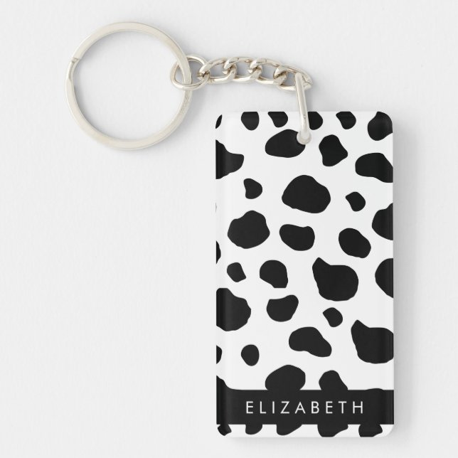 Cow Print, Cow Spots, Black And White, Your Name Keychain (Front)
