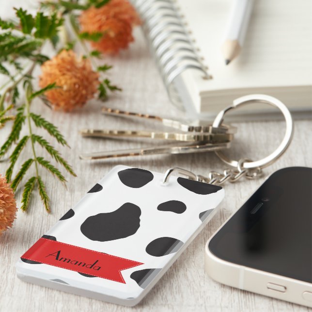 Cow Print, Cow Spots, Black And White, Your Name Keychain (Front Right)