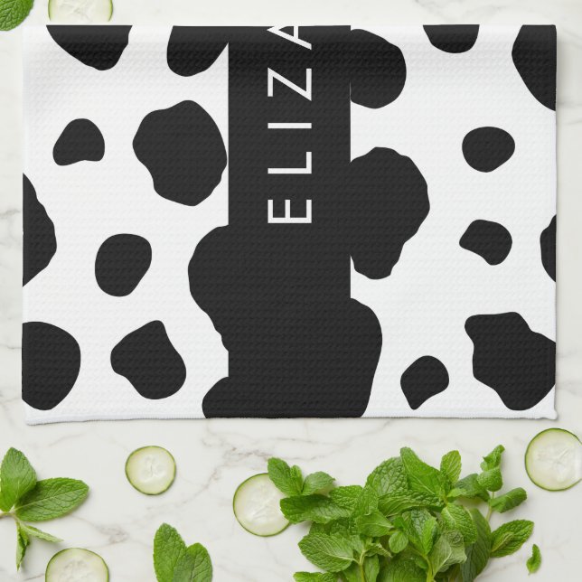 Cow Print, Cow Spots, Black And White, Your Name Kitchen Towel (Folded)