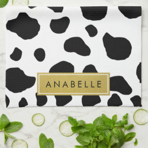 Cow Print, Cow Spots, Black And White, Your Name Kitchen Towel