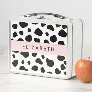 Cow Print, Cow Spots, Black And White, Your Name Metal Lunch Box